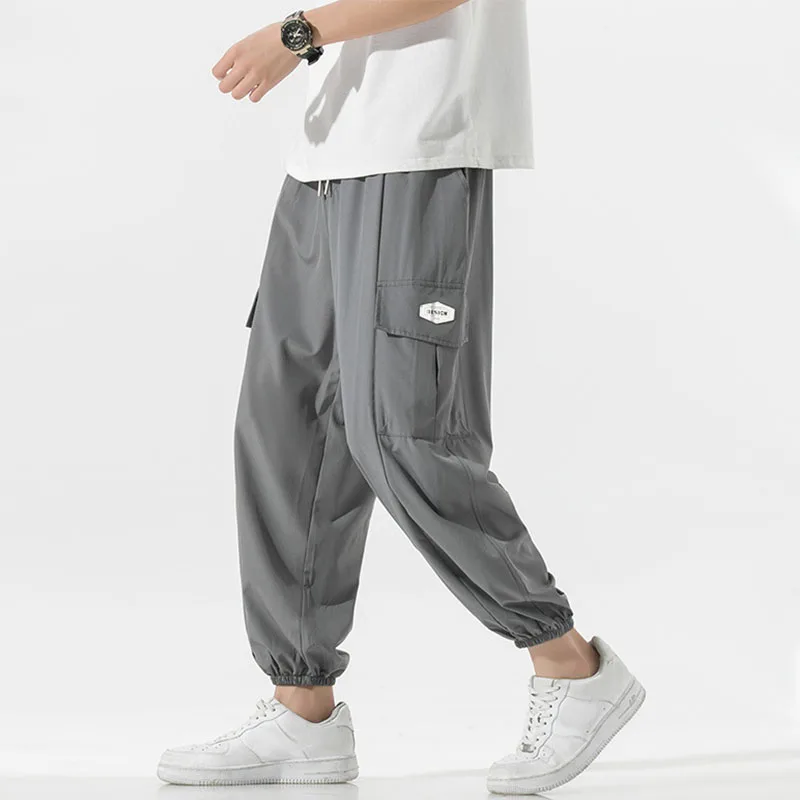 

Men Cargo Pants Solid Color Summer Casual Sweatpants Hip Hop Multi Pockets Harem Pants Elastic Waist Male Ankle Length Trousers
