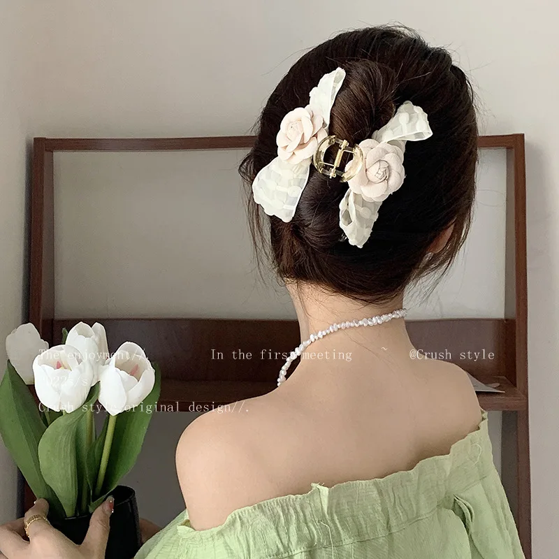 Женские заколки для волос в Корейском стиле, элегантные большие заколки для волос из акриловой ткани с цветами камелии, аксессуары для волос для девочек