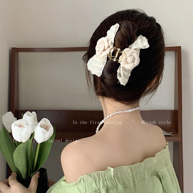 Big Fabric Camellia Floral Flower Barrette for Women Girl Solid