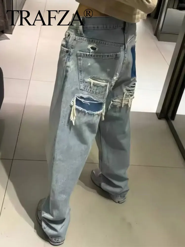 TRAFZA Jeans For Women 2024 Denim Solid Loose Zipper Fly Female Hole Trouser Pockets Wild Basic Commute Woman Wide Leg Long Pant 3