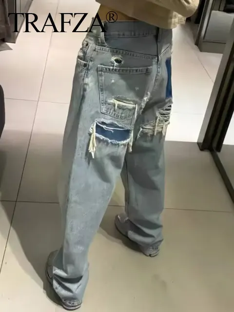 TRAFZA jean pour femmes 2024 Denim solide ample fermeture éclair mouche femme trou pantalon poches sauvage basique trajet femme jambe large pantalon Long 3