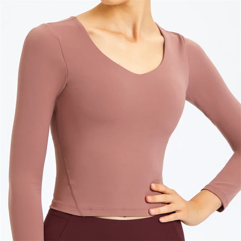 Nepoagym CAMPAIGN Long Sleeve Crop Women Sport Top Shirts with Built In Bra Buttery Soft V Neck Athletic Gym Shirts