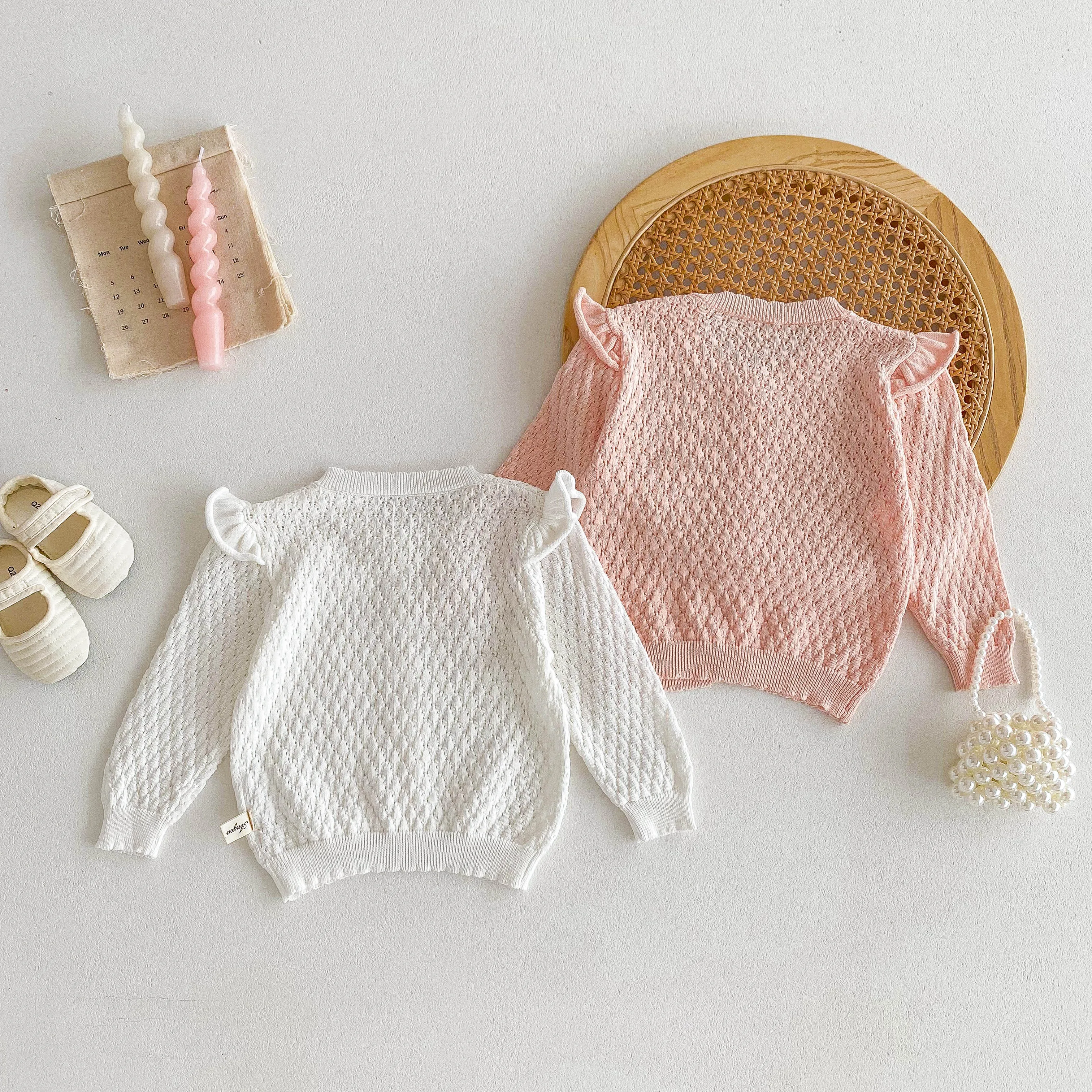 여아용 한국식 니트 자외선 차단 에어컨 셔츠, 통기성이 좋고 레이스 트림 아우터웨어로 패셔너블한 디자인