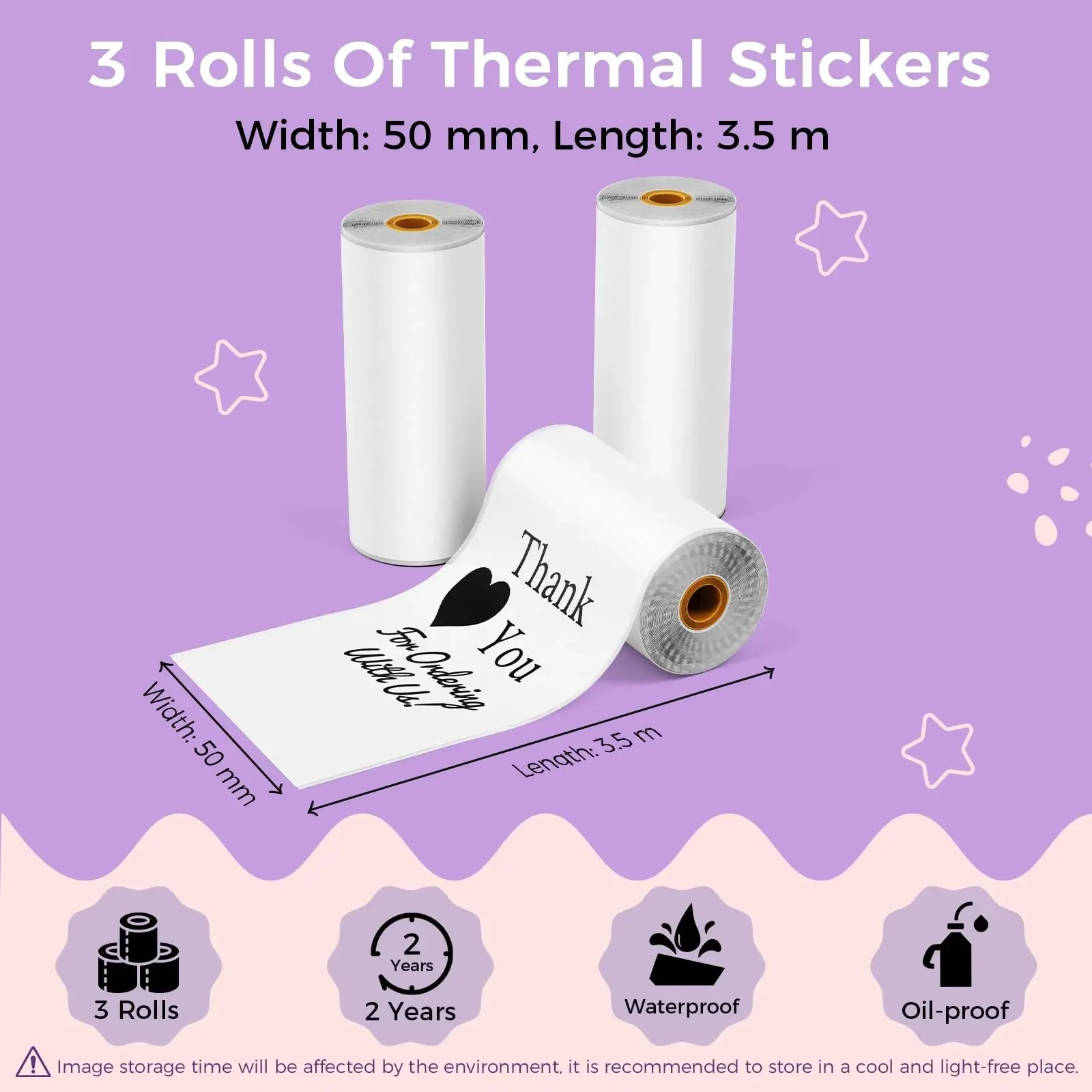 Mini Thermal Paper Stickers Width 53mm,Total Length 3.5m,Compatible With M02/T02 Wireless Bluetooth Inkless Printer Photos Notes