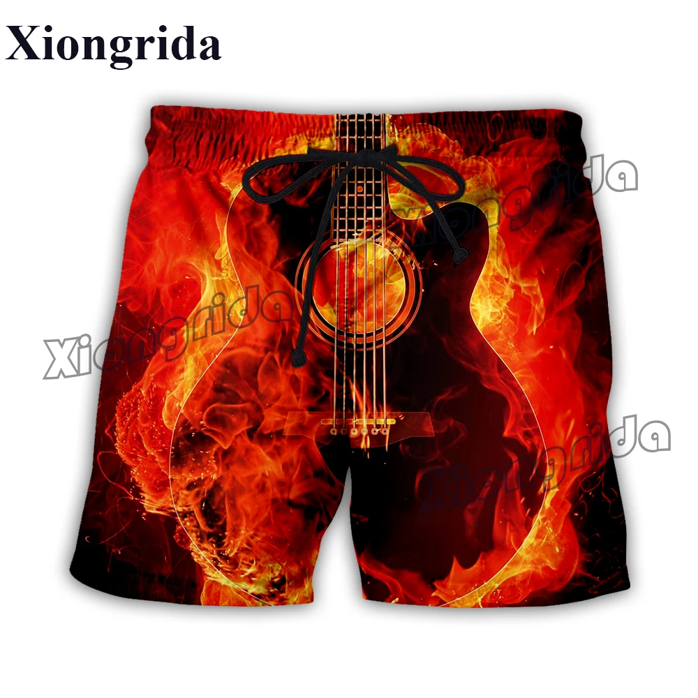 Summer Mens Guitar Print Shorts Guitar and Fire 3D Print Board Shorts Musical Instrument Beach Harajuku Swimming Trunks