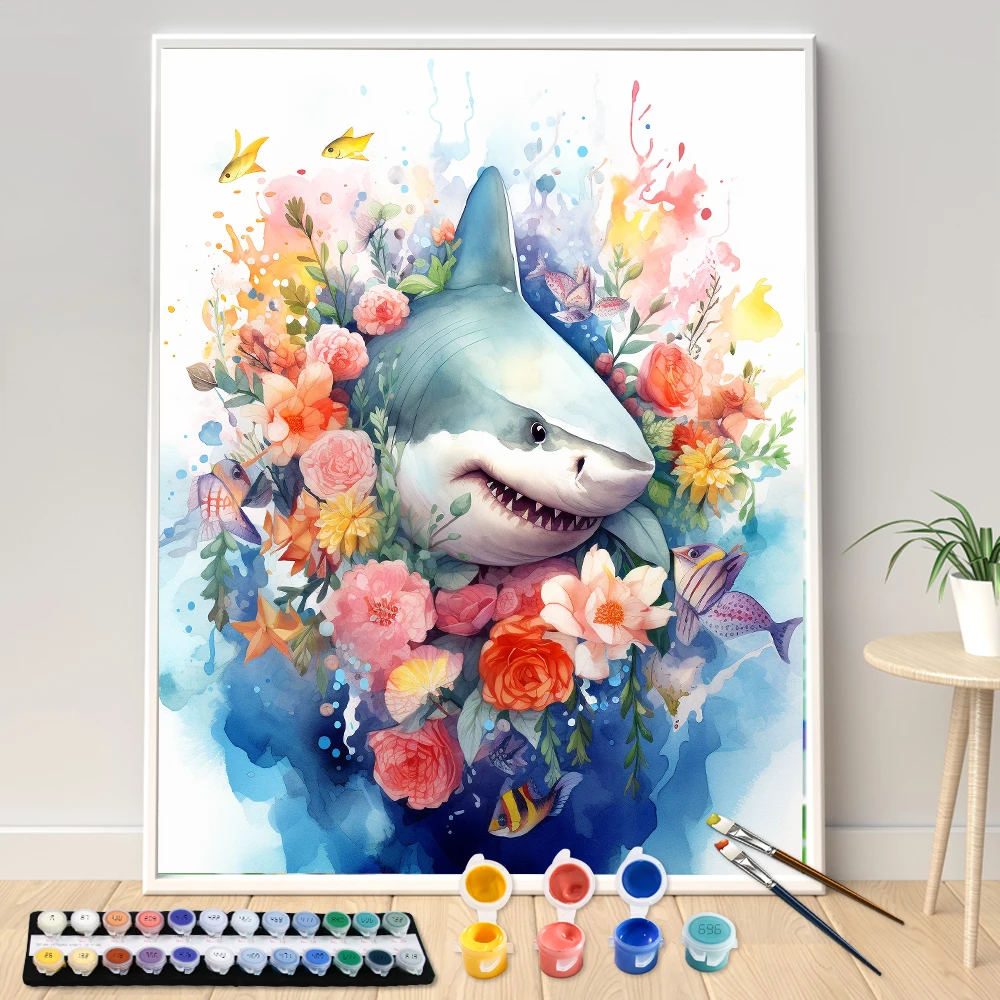 Digital Acrylic Painting Kit DIY Beautiful Flower Shark Hand Art Canvas Hand Painted Home Decor Personalized Surprise Gift