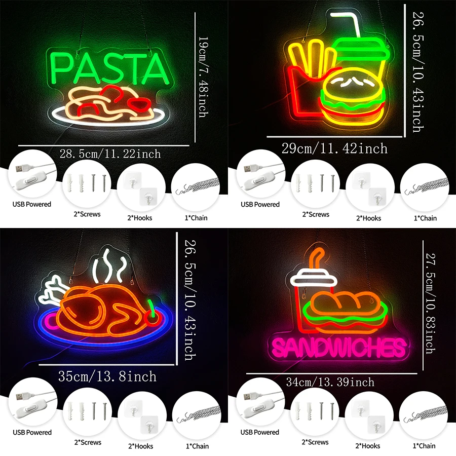 샌드위치 LED 네온사인, 고메 버거 콜라 아이콘 비즈니스 간판, 패스트푸드 레스토랑, 레스토랑 및 상점 창문 장식.