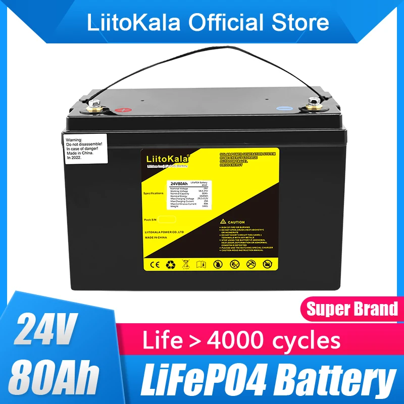 Аккумуляторная батарея LiitoKala lifepo4 24 в 80 Ач 70 ач с 100А BMS для мотоцикла солнечная