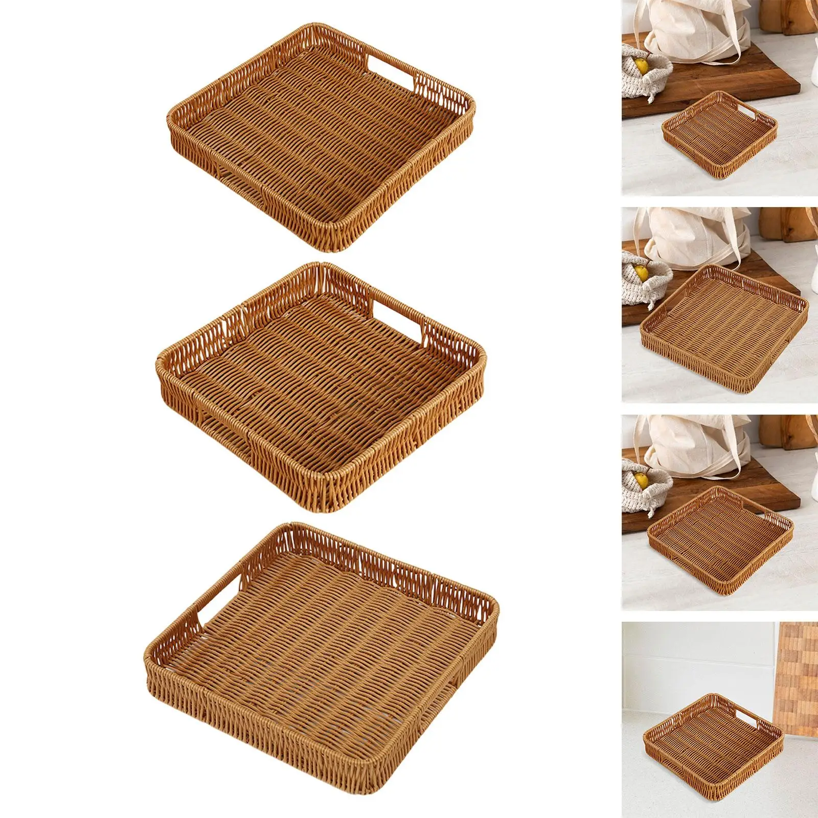 Imitation Rattan Bread Basket Woven Basket Rustic Snack Bread Trays Square Serving Basket Serving Tray for Drinks Vegetables 4