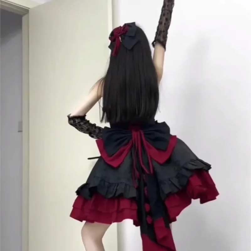 Black and Red Gothic Style Dress Puffy Heavy Industry Trailing Skirt