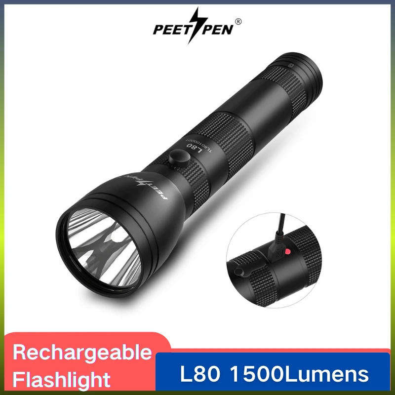PEETPEN L80 LED Flashlight 1500LM 2-Cell D Full Size Heavy-Duty With 18650 Battery Troch Lantern For Outdoor Hunting Camping usb rechargeable torch