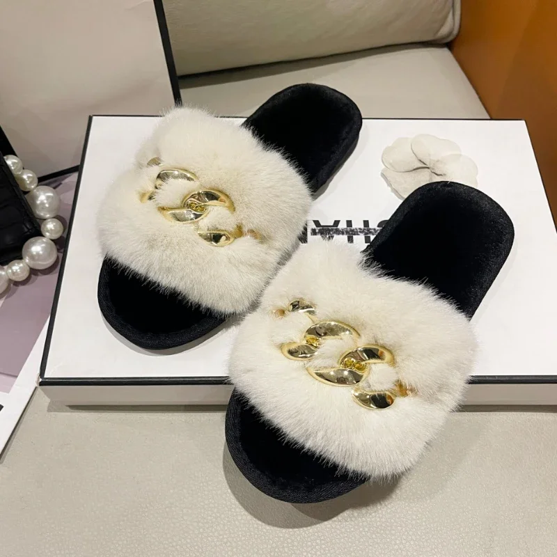 New autumn and winter metal chain hairy slippers fashionable and warm large fur flat heel cotton slippers — view 6