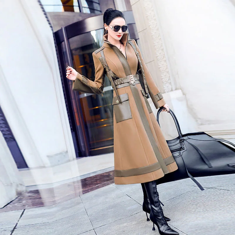 Winter British Style Splicing Pu Fur Women's 2022 New Waist Closing Thin And Long Elegant Wool Coat For Women Female Overcoat simple genuine leather thin belt women s soft leather knotted loose 105cm small belt waist closing decorative accessory a3473
