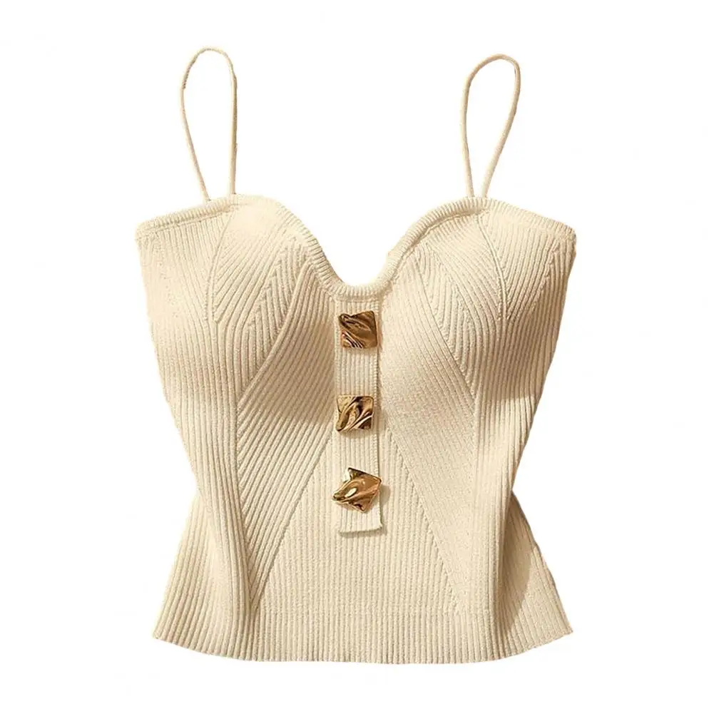 

Women Vest Stylish Women's Knitted Crop Top with Padded Spaghetti Straps Backless Design V Neck Button Decor Camisole Bottom