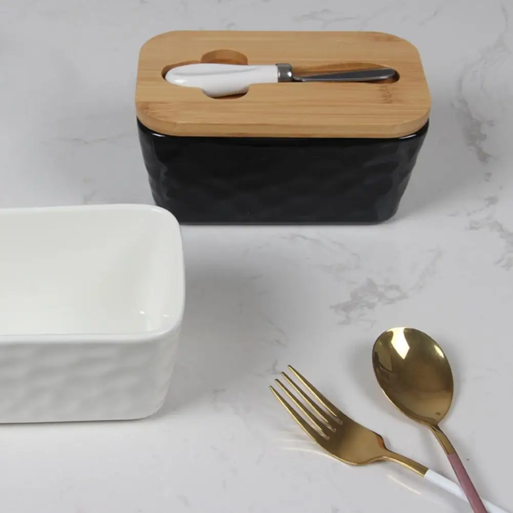 Easy to Clean Butter Dish Shatter-resistant Butter Dish Elegant Ceramics with Wooden Lid Stainless Steel for Kitchen