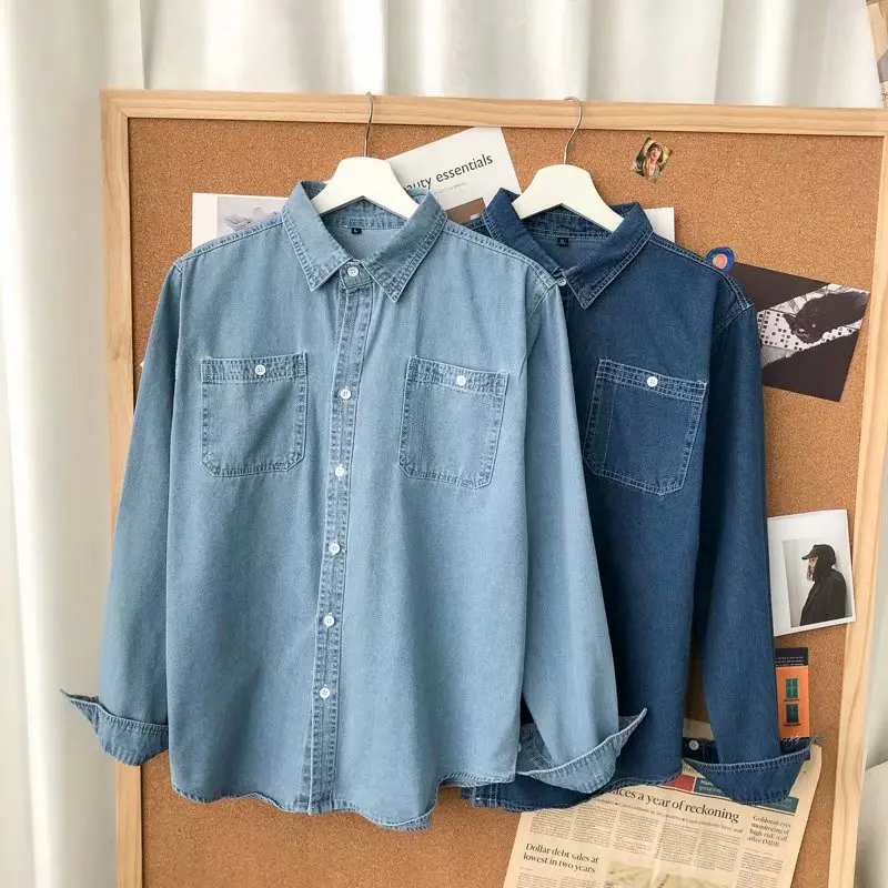American workwear denim shirt men's spring new retro washed collared shirt trendy brand loose long sleeved jacket