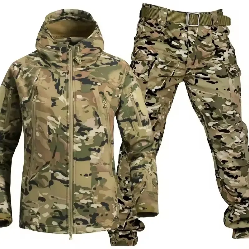 Winter Thicken Men Camo Suit Waterproof Tactical Training Set Multi-pocket Hooded Jacket Fleece Pants Outdoor Hunting 2-piece 5
