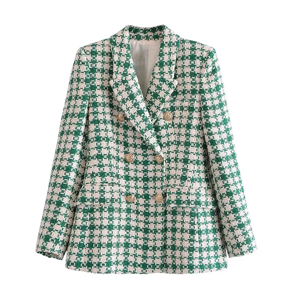 

Women 2022 New Fashion Double Breasted Tweed Check Blazer Coat Vintage Long Sleeve Pockets Female Outerwear Chic