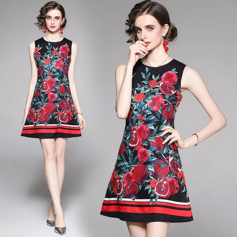 

Women Sexy Sleeveless Mini Summer Hot Dresses Black Base Red Color Big Rose Pattern Graceful Bodycon Camisoles Leisuare Vestidos