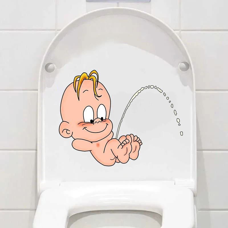 T195# Funny Toilet Stickers Cartoon Child Urination Toilet Lid WC Door Sticker Removable Self-Adhesive Decor Paper Household
