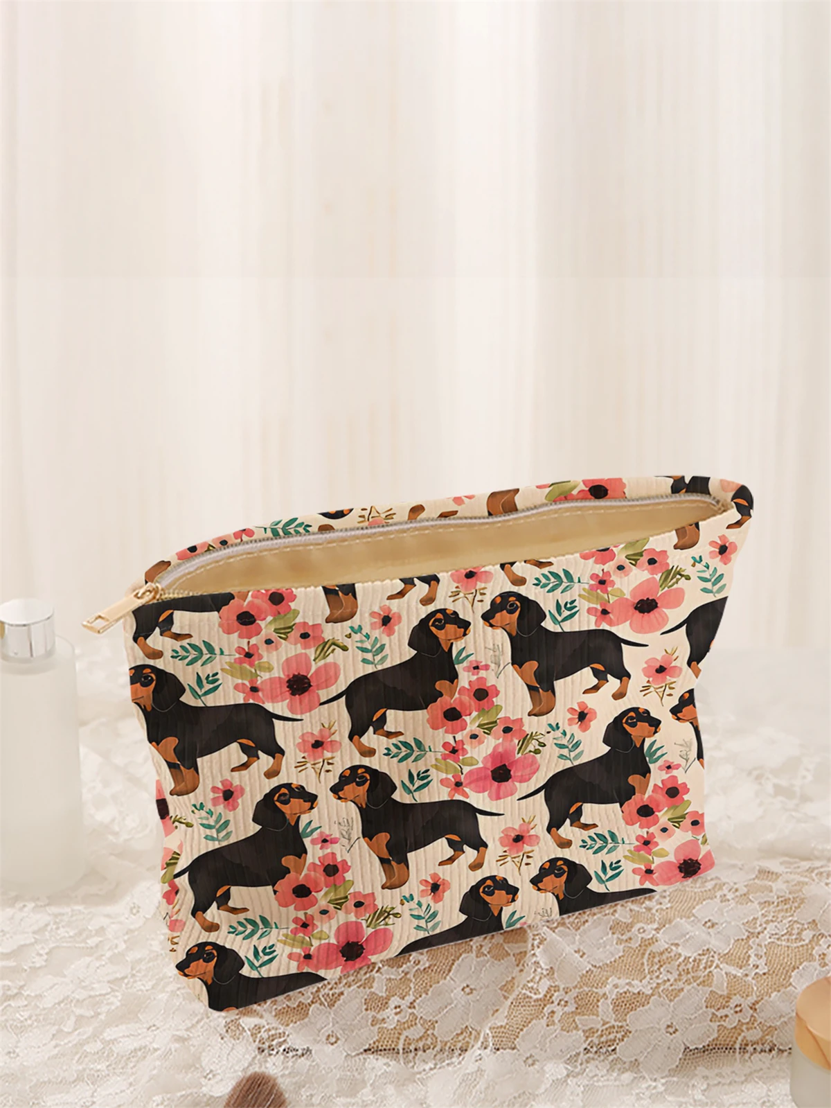 1 cartoon dog pattern corduroy makeup bag, lightweight zipper makeup storage box, multifunctional bag with lining
