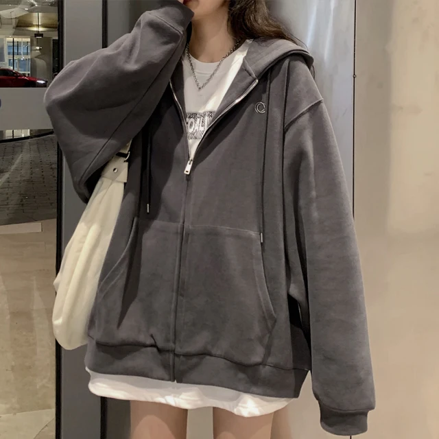 Women Korean Style Hoodies Zip-up Harajuku Oversized Solid Pocket Hooded Sweatshirts Autumn Long Sleeve Loose Baseball Jacket 1