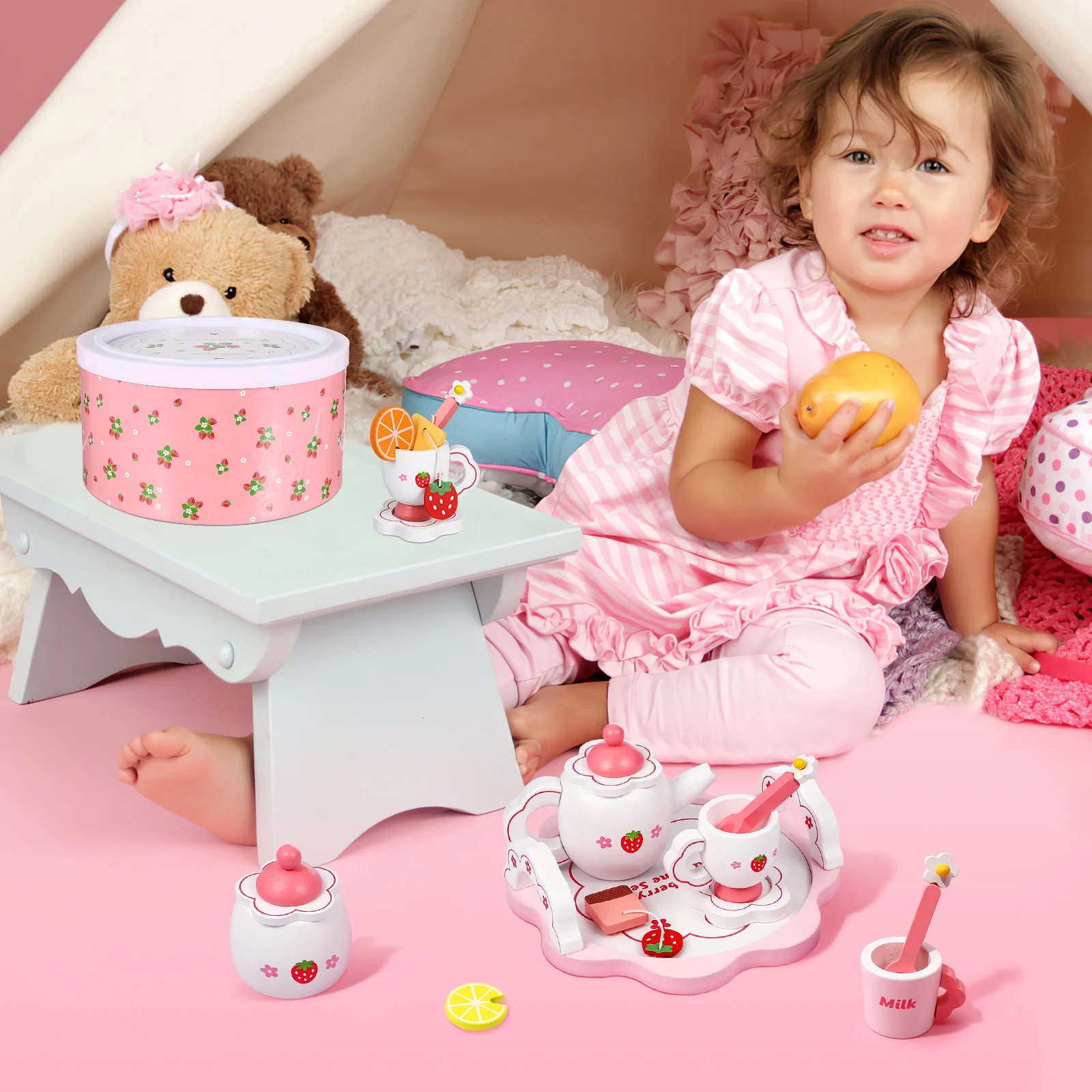 Wood Tea Sets for Kids Pretend Play Kitchen Toys Sets Wooden Teapot Tea Cup Toys for Toddlers tea set for kids 3