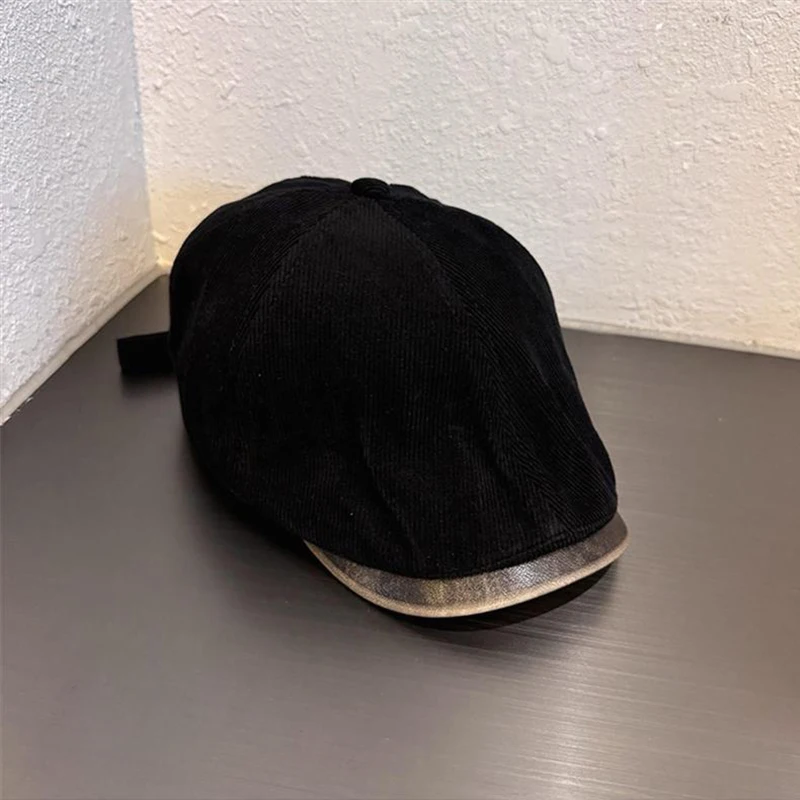 Retro Trendy Unisex Hat Fashion Beret Caps PU Leather Adjustable Men Women Corduroy Newsboy Hat
