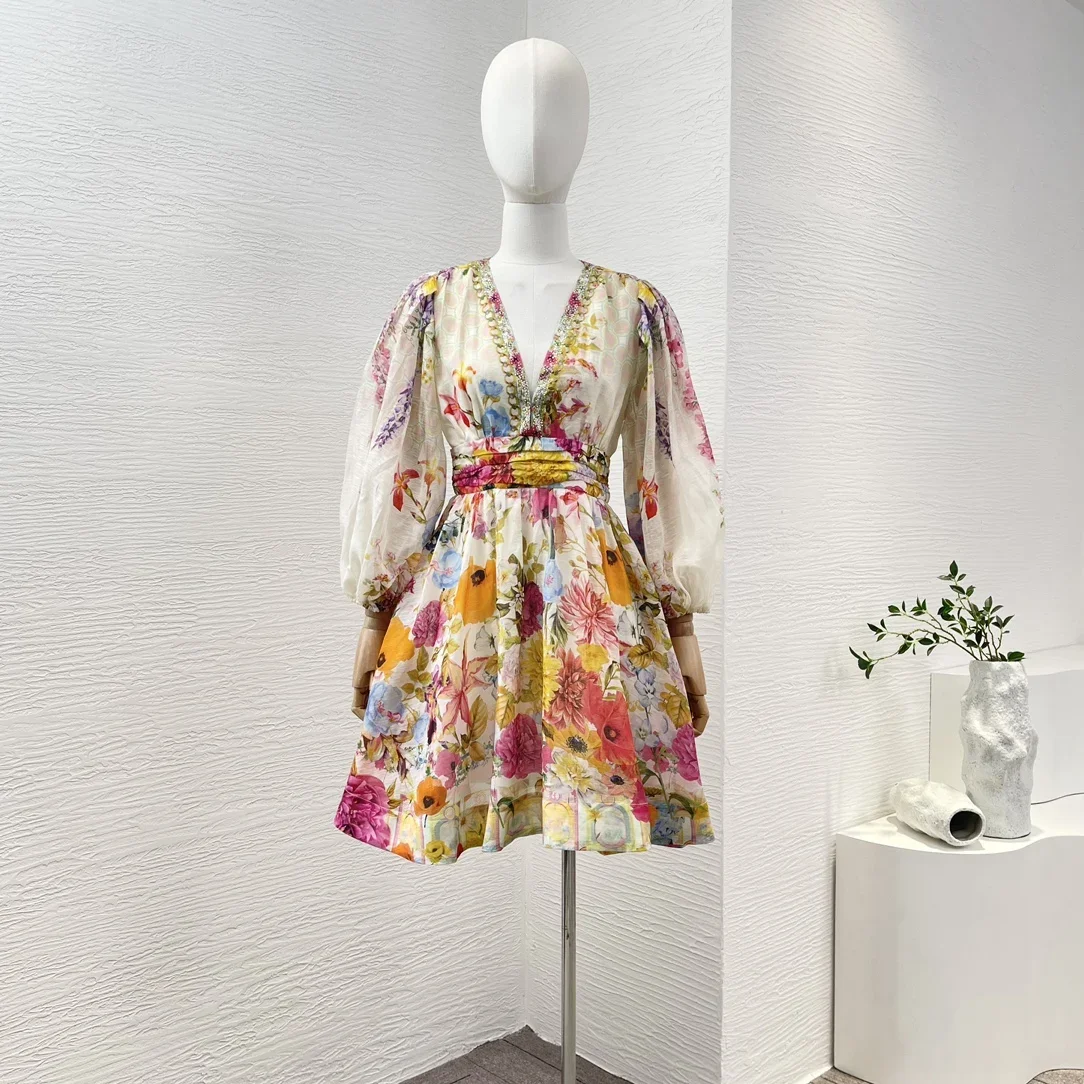 

Linen Silk New High Quality Multicolor Floral Print Long Sleeve V Neck Diamonds Pressed Stretchable Shirred Women Mini Dress