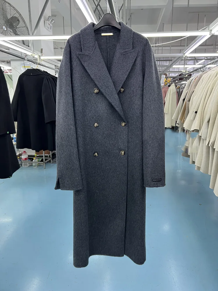 New Gray Simple Double-sided Wool Cashmere Coat Women Lapel Double Breasted Long Sleeve Woolen Coats Fashion Fit Autumn Winter