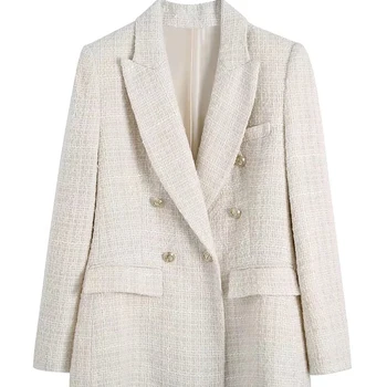 TRAF 여성용 트위드 더블 브레스트 블레이저 코트, 빈티지 긴팔 플랩 포켓, 여성 아우터, 세련된 조끼, 패션 상품 이미지