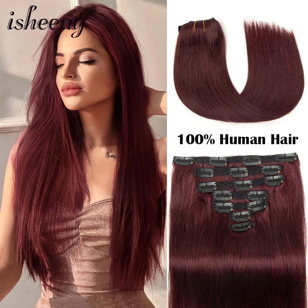 Human Hair Extensions Burgundy Wine Red Clip In 12-24 Inch 7pcs/set 50g-120g