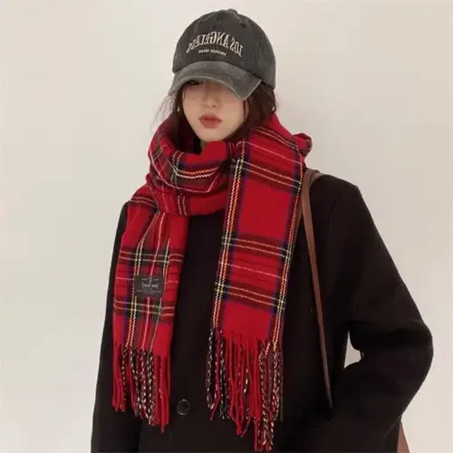Retro Tassel Plaid Wool Scarf Plush Cashmere Shawl Winter Cashmere Scarves Solid Color Rainbow Color Cape Wraps Women/Men - Image 3