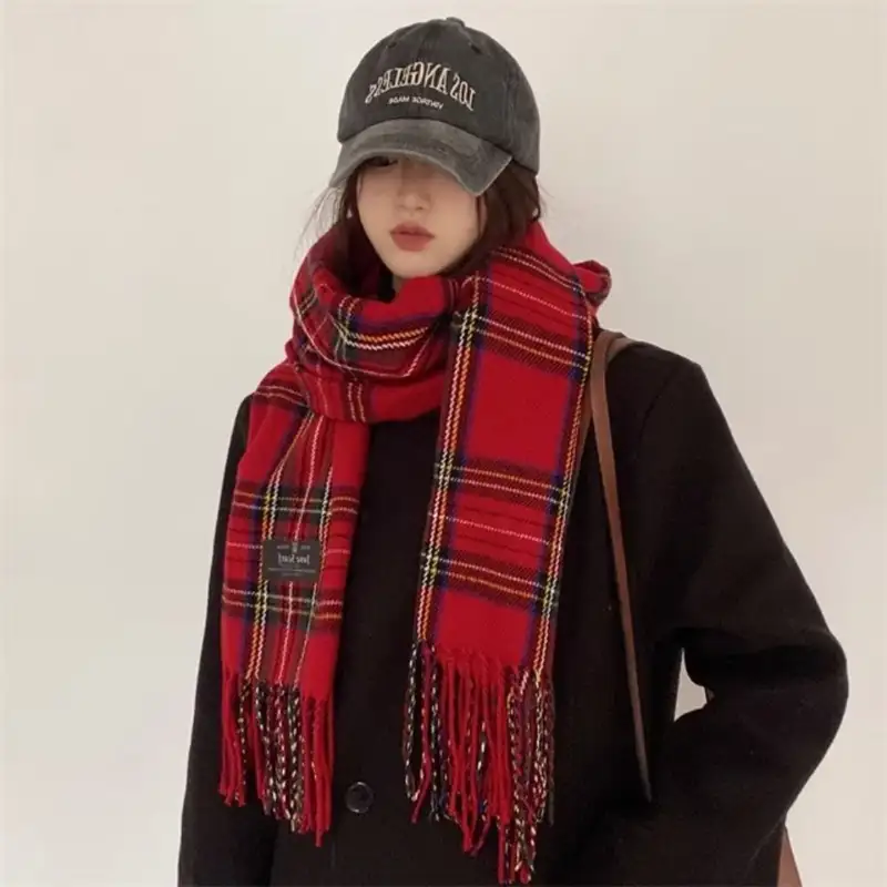 Retro Tassel Plaid Wool Scarf Plush Cashmere Shawl Winter Cashmere Scarves Solid Color Rainbow Color Cape Wraps Women/Men - Image 3