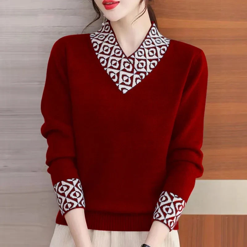 

Корейские модные вязаные свитера со вставками, подходящая ко всему Женская одежда, Свободные повседневные пуловеры с длинным рукавом и V-образным вырезом на весну и осень