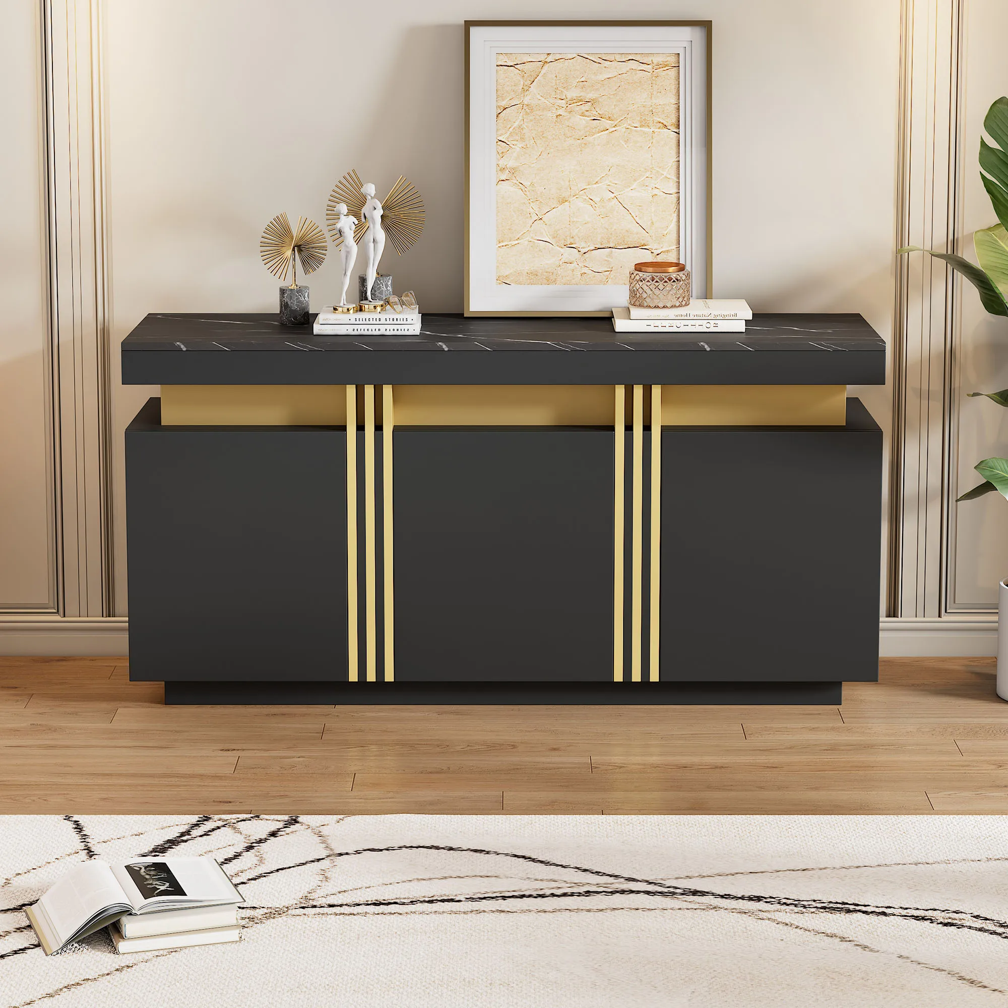 Modernes schwarzes Sideboard, 3 Türen, Esszimmerschrank mit verstellbaren Trennwänden, perfekt für Küche, Wohnzimmer. – Detail 27