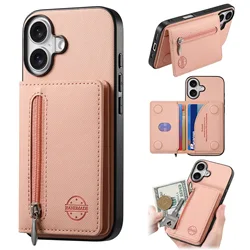 Canvas RFID Blocking Card Holder Wallet with Zipper Pocket and Dual Card Slots - iPhone 15 Pro (Khaki)