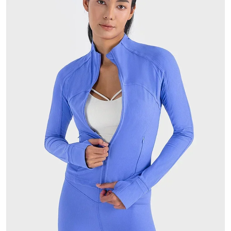 

Lulu-Women Ribbed Cropped Define Stand Neck Jacket Lightweight Breathable High Elastic Fitness Yoga Coat Tight utdoor Sport Top