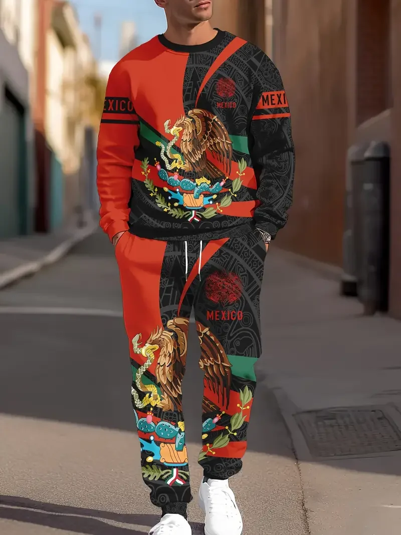 Fashion Mexican Flag 3D Print Men's Sportswear Set Casual Long-Sleeved T Shirt Pants 2-Piece Set Oversized Pullover Men Clothing 3