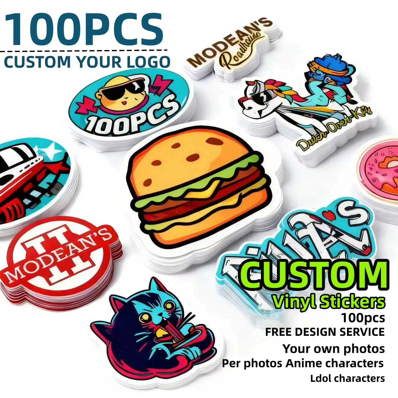 100pcs Custom Stickers Vinyl Waterproof Die Cut Logo Design Brand Laptop Cute Personalized Sticker Glossy Film for Business