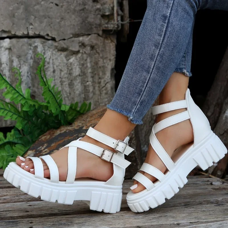 Chunky High Heels Roman Sandals for Women 2024 Summer Ankle Strap