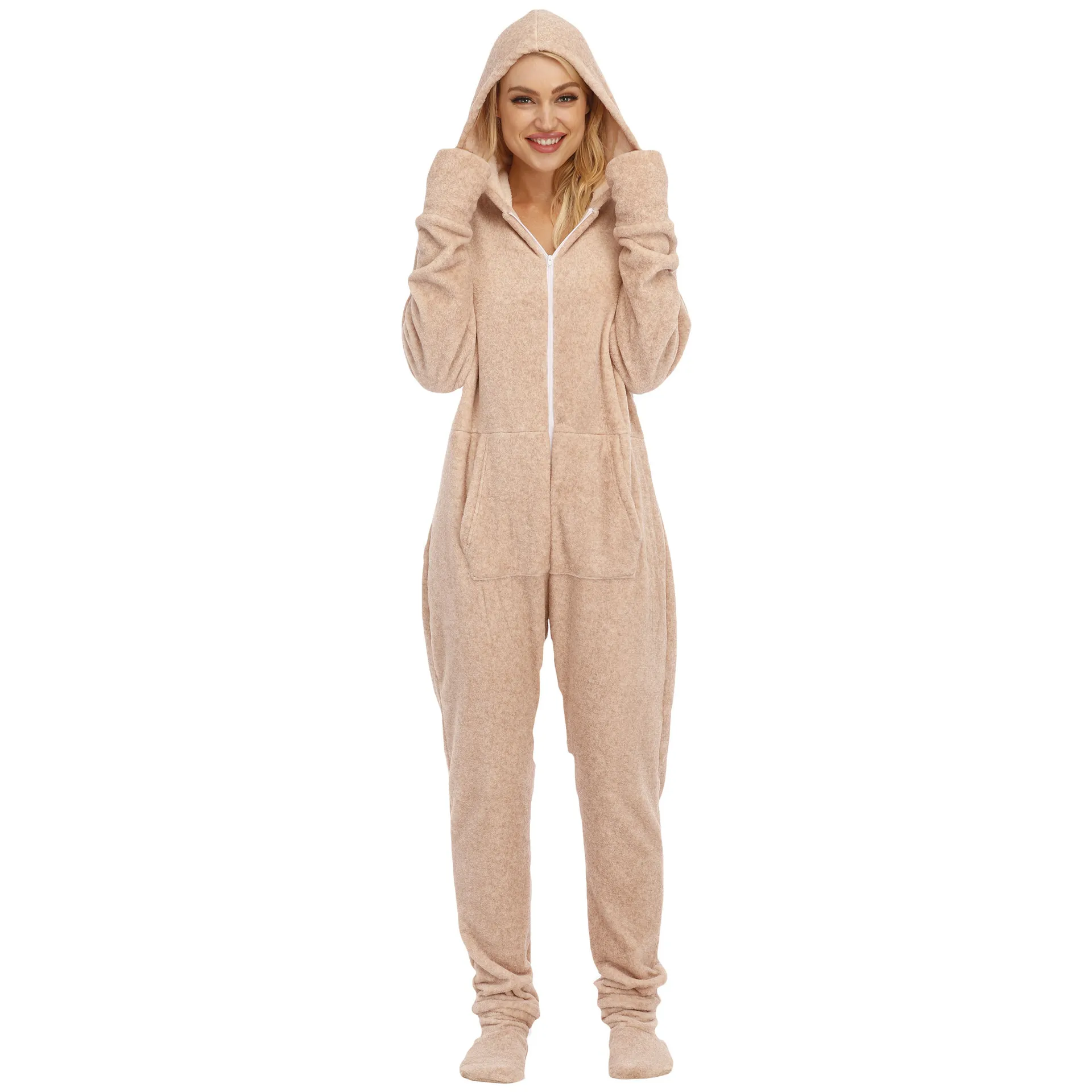 Solid Color Flannel Long Sleeve Onesies Casual Comfortable Zipper Women Homewear Soft Jumpsuit Pajama