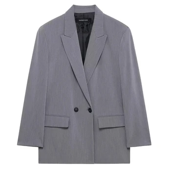 HXAO بليزرات للنساء أسود رمادي طويل السترة امرأة مكتب ارتداء طويلة الأكمام الصلبة السترة المتضخم عالية الجودة المرأة السترة 4