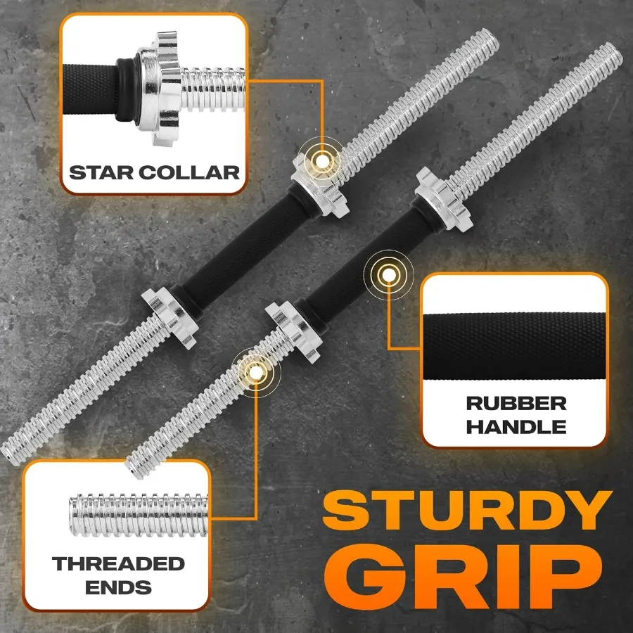 Pair of Threaded Dumbbell Handles with Collars 24 inch, Rubber Grip, Fit 1”/ 1.15" Plates, Weight Bar Connector