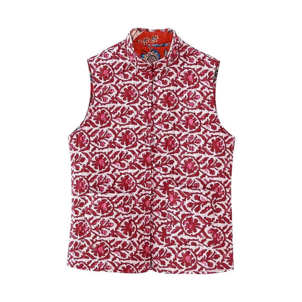 PB&ZA 2023 Autumn/Winter New Vintage Style Double Sided Printed Sleeveless Quilted Cotton Vest Coat 3