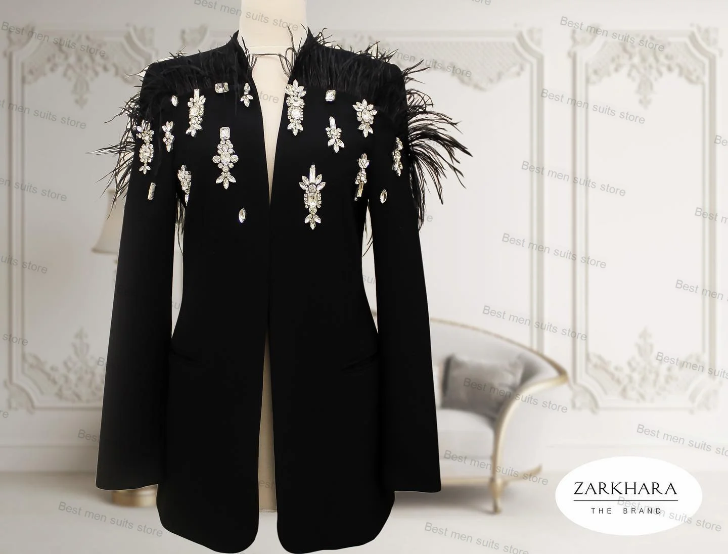 

Black Crystals Wedding Tuxedo Women Pants Suits Set 2 Pcs Blazer Luxury Feather Costumes pour femmes Tailored Jacket Prom Dress