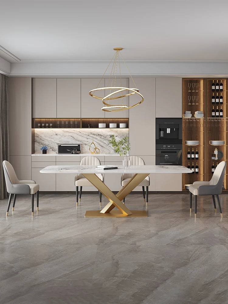 

Luxurious Kitchen Table In Rectangle Marble Desk Top Stainless Steel Golden Finish 6 People Luxury Dining Table And Chair Set