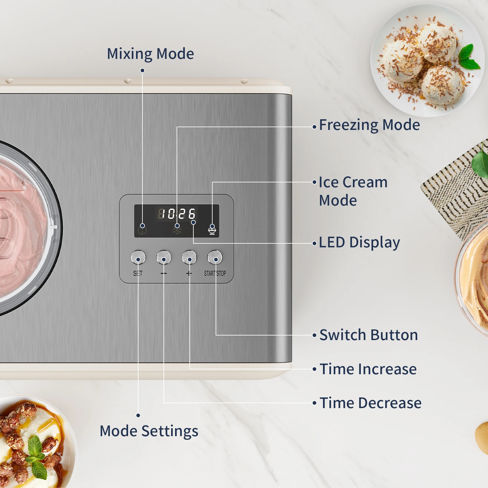 AIRMSEN 2.1 Quart Ice Cream Maker, No Prefreeze Electric Ice Cream Maker with Compressor and LCD Timer for Frozen Yogurt, Sorbet 4