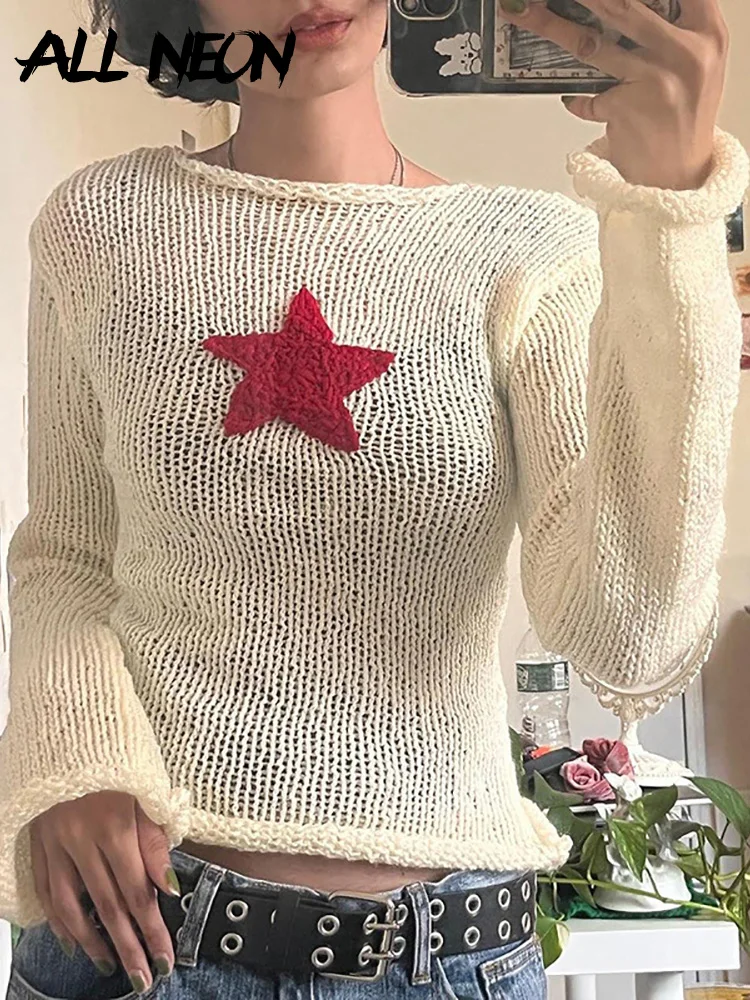 

ALLNeon Vintage Y2K Streetwear Red Star Trim Knitted Pullovers E-girl Fashion Cute O-neck Long Sleeve Crop Sweaters Spring Women