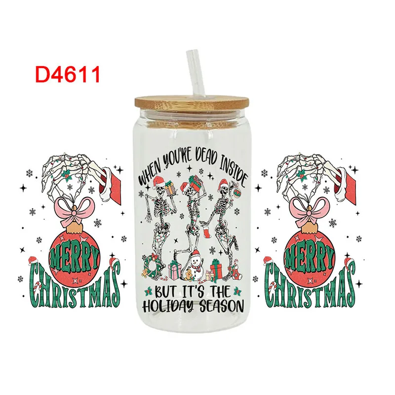 3D UV DTF 전송 스티커, 크리스마스 테마, 16oz Libbey 안경 랩 컵, DIY 방수, 쉬운 D4607